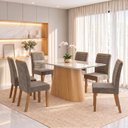 Ver imagem 1 de Conjunto Sala de Jantar Mesa Olivia 160cm Tampo MDF e Vidro Canto Arredondado 6 Cadeiras Tainá