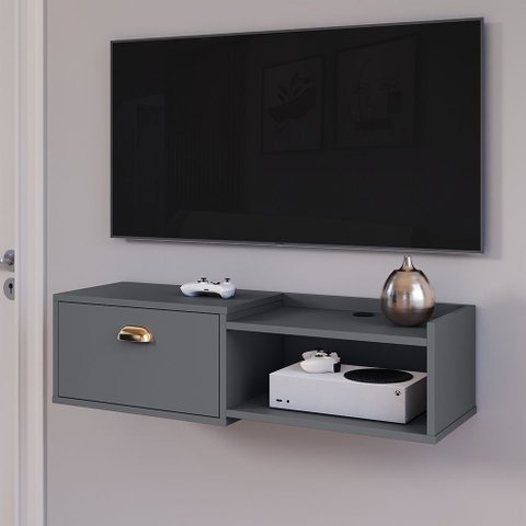 Rack Suspenso Pequeno Tv Smart 32" Bancada 1 Porta Puxador Concha Nicho Decoração Sala Quarto Retrô