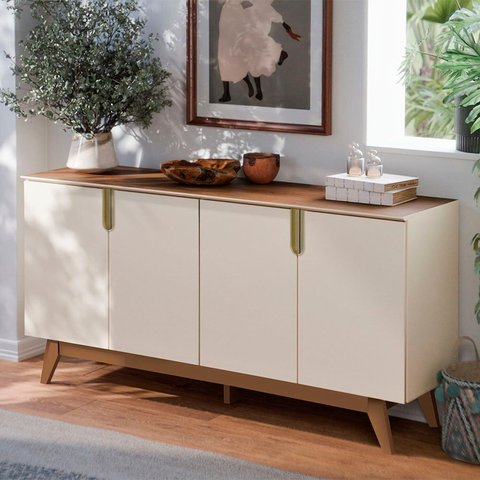 Balcão Buffet 4 Portas Pés em MDF Recife Bege/Off White/Amêndoa