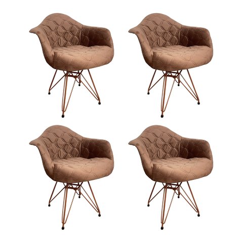 Kit 4 Poltronas Jantar Eames Eiffel Estofadas Caramelo Base Cobre