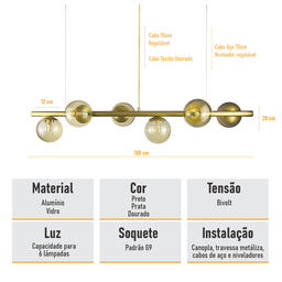 Lustre Pendente Figo Ouro - 6 Globos Esfera de Vidro Âmbar - 6-2620-14-am - 6