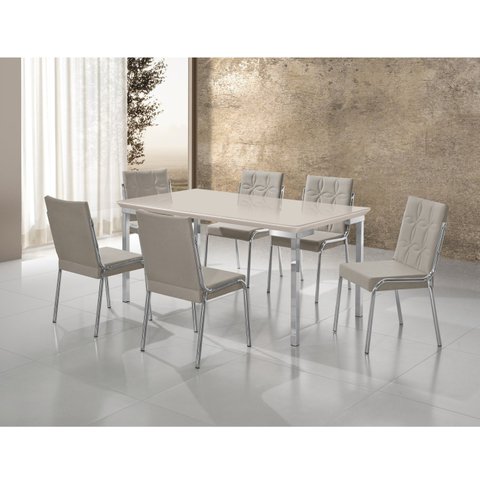 Conjunto Sala de Jantar Mesa Iza New Tampo MDF/Vidro 6 Cadeiras Natani New Yescasa Bege/Cromado/Off White
