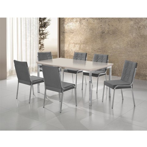 Conjunto Sala de Jantar Mesa Iza New Tampo MDF/Vidro 6 Cadeiras Natani New Yescasa Cinza/Cromado