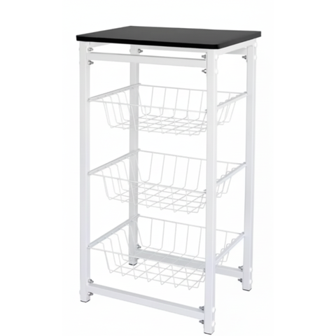 Fruteira de Chão Cozinha Metal/madeira com Suporte 3 Cestos Branco com Preto