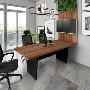 Mesa de Escritório 2,00m e Painel de Tv com Passa Cabos F5 Cor:nogal com Preto