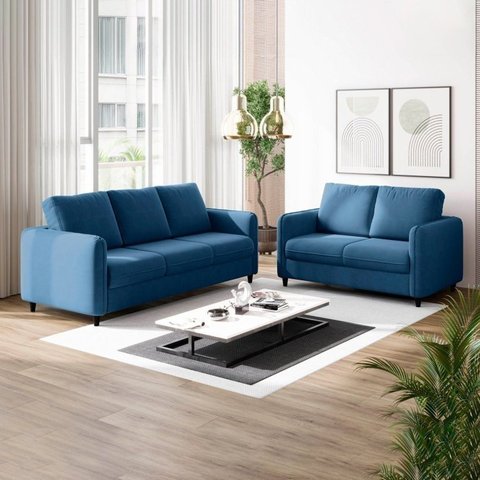 Conjunto Sofá 2 e 3 Lugares em Veludo CabeCasa MadeiraOriginals Azul