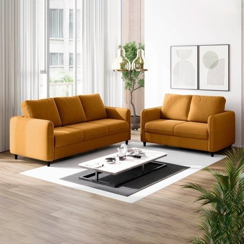 Conjunto Sofá com 2 e 3 Lugares em Veludo CabeCasa MadeiraOriginals Amarelo