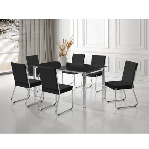 Conjunto Sala de Jantar Mesa Ortenia Tampo Vidro com 6 Cadeiras Dinah New Cinza/Cromado/Escuro
