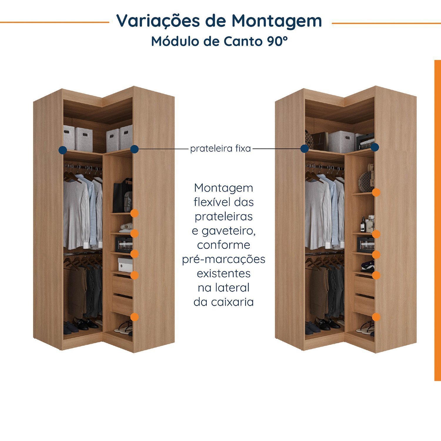 Guarda Roupa Modulado de Casal com Espelho 12 Portas 6 Peças e 2 Mesas de Cabeceira Hera CabeCasa MadeiraMadeira - 12