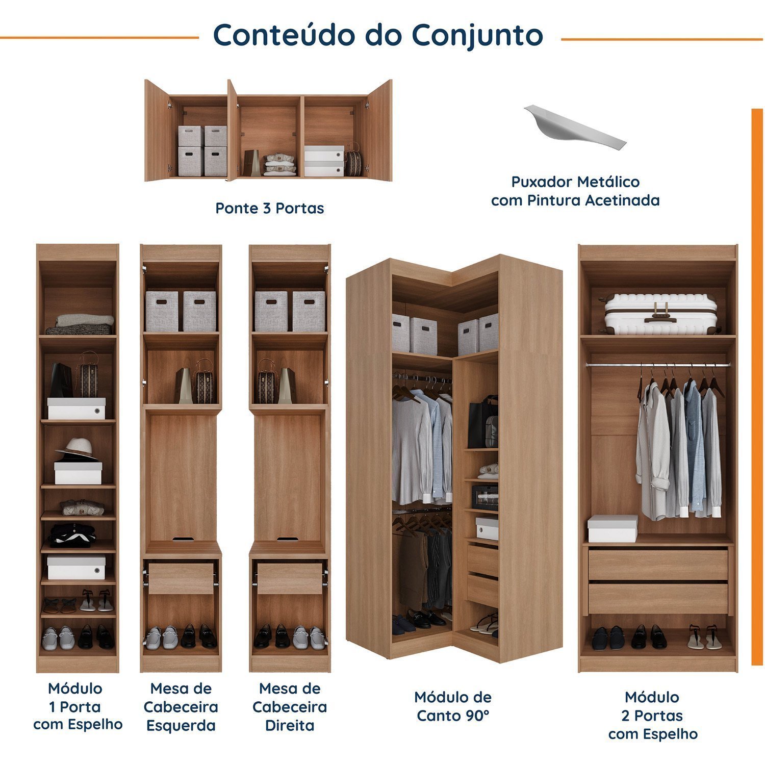 Guarda Roupa Modulado de Casal com Espelho 12 Portas 6 Peças e 2 Mesas de Cabeceira Hera CabeCasa MadeiraMadeira - 3