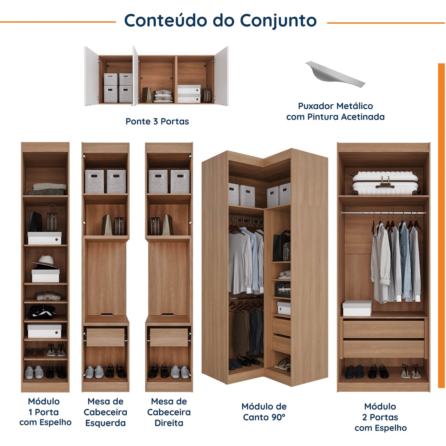 Guarda Roupa Modulado de Casal com Espelho 12 Portas 6 Peças e 2 Mesas de Cabeceira Hera CabeCasa MadeiraMadeira - 3