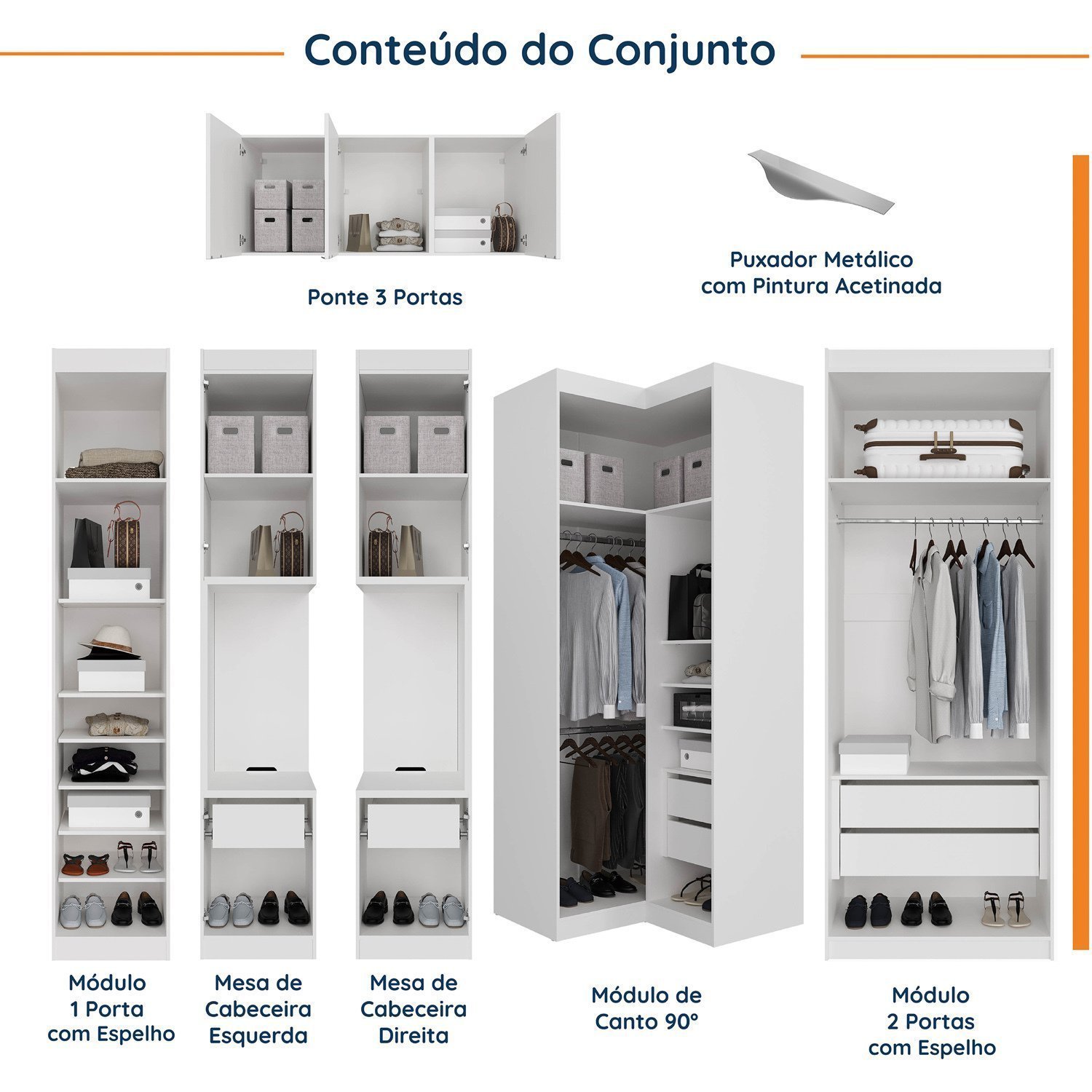 Guarda Roupa Modulado de Casal com Espelho 12 Portas 6 Peças e 2 Mesas de Cabeceira Hera CabeCasa MadeiraMadeira - 3