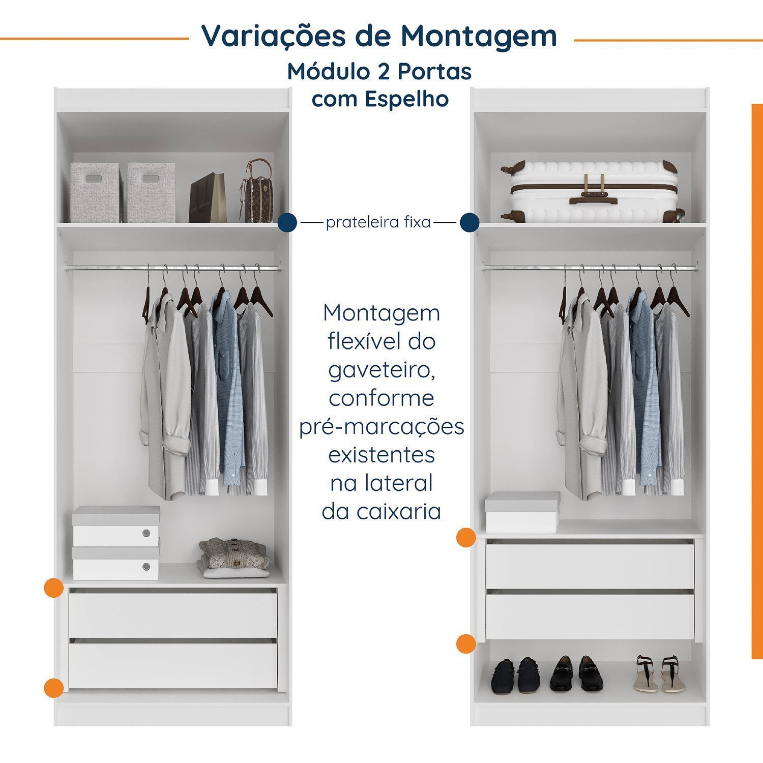 Guarda Roupa Modulado de Casal com Espelho 12 Portas 6 Peças e 2 Mesas de Cabeceira Hera CabeCasa MadeiraMadeira - 9