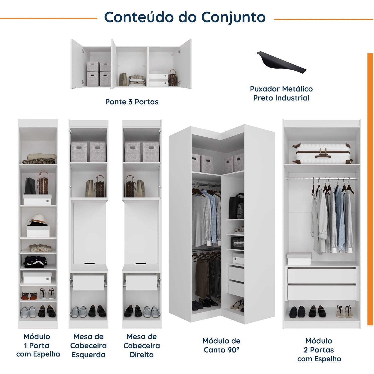 Guarda Roupa Modulado de Casal com Espelho 12 Portas 6 Peças e 2 Mesas de Cabeceira Hera CabeCasa MadeiraMadeira - 3