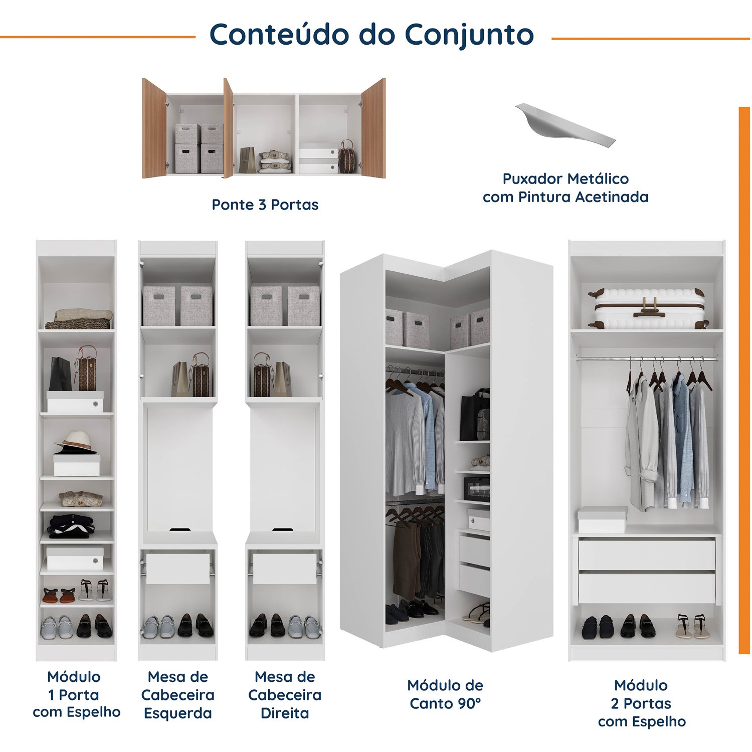 Guarda Roupa Modulado de Casal com Espelho 12 Portas 6 Peças e 2 Mesas de Cabeceira Hera CabeCasa MadeiraMadeira - 3