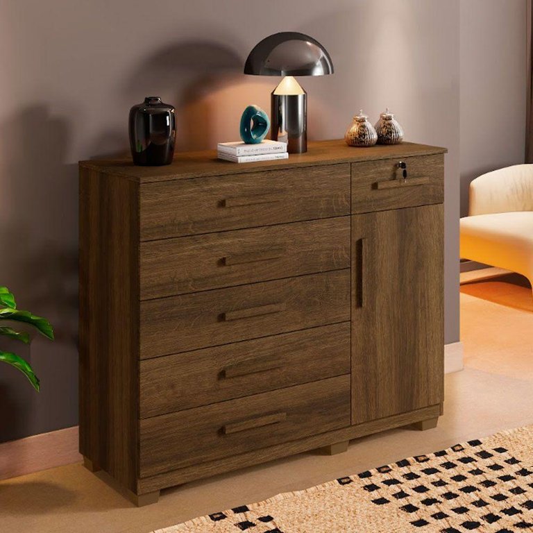 Cômoda Milão com 1 Porta e 6 Gavetas em Mdp Benetil Imbuia Cômoda Milão com 1 Porta e 6 Gavetas em Mdp Benetil Imbuia