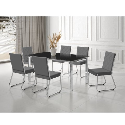 Conjunto Sala de Jantar Mesa Ortenia Tampo Vidro com 6 Cadeiras Dinah New Cinza/Cromado