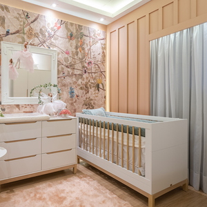 Berço e Cômoda Infantil Quater Móveis Linha Cozy Branco com Carvalho