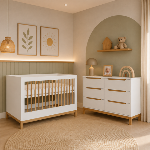Berço e Cômoda Infantil Quater Móveis Linha Cozy Branco com Carvalho