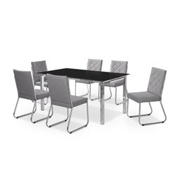 Conjunto Sala de Jantar Mesa Ortenia Tampo Vidro com 6 Cadeiras Dinah New Cinza/Cromado - 2 Conjunto Sala de Jantar Mesa Ortenia Tampo Vidro com 6 Cadeiras Dinah New Cinza/Cromado - 2