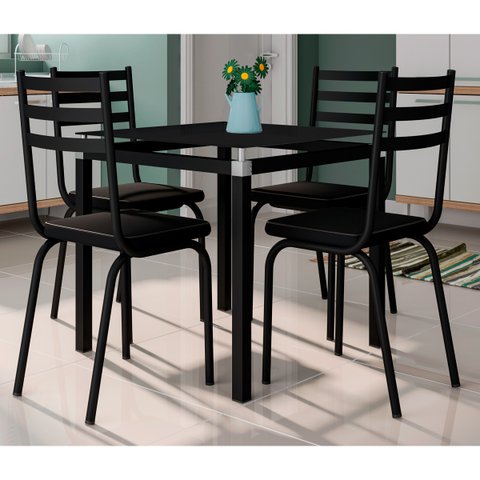 Conjunto De Mesa Com 4 Cadeiras Malva Tampo De Vidro 75cm Preto Artefamol 9993 - ASSENTO PRETO
