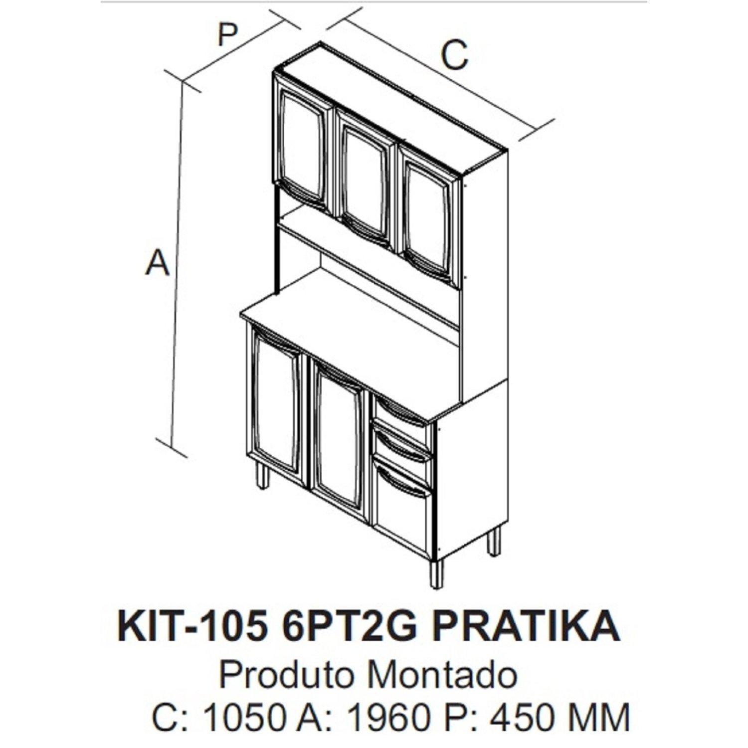 Cozinha Compacta em Aço 105cm 6 Portas 3 de Vidro 2 Gavetas Pratika - 3