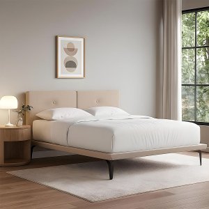 Base Box Cama Japonesa Toquio Queen com Cabeceira Almofada Linho Bege - Cor: Bege
