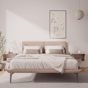 Base Box Cama Japonesa Toquio Queen com Cabeceira Almofada Linho Bege - Cor: Bege