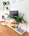 Ver imagem 2 de Kit Rack de TV 1,20m e Estante Escada Slim 5 Prateleiras Ferro e Madeira Natural e Branco