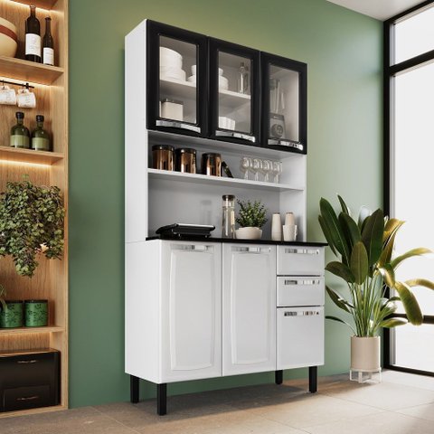 Cozinha Compacta em Aço 6 Portas (Sendo 3 de Vidro) 2 Gavetas 105cm Pratika Itatiaia Branco/Preto