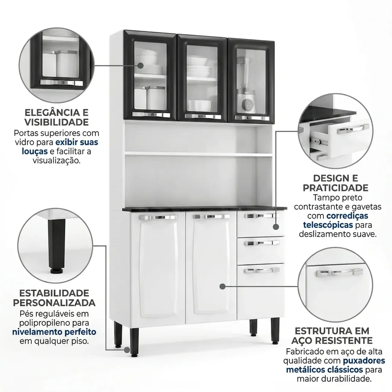 Ver imagem 5 de Cozinha Compacta em Aço com Nicho 6 Portas e 2 Gavetas 196cm Pratika Itatiaia Branco/Preto