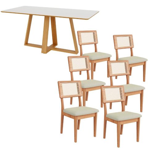 Mesa Jantar 180cm Retangular com 6 Cadeiras Dalla Costa Mdf Cor:off White com Freijó e Cesare