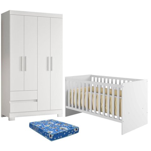 Berço Convencional com Guarda Roupa e Colchão Life 2186 MDF Colchão Incluso Branco