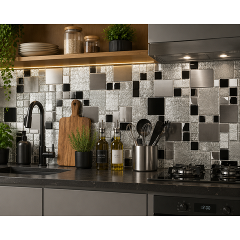 Pastilha de Vidro e Metal de 29cm x 29cm Rende Glass Mosaic Cinza/Espelhado/Escovado