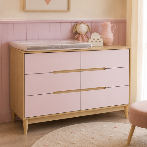 Cômoda Infantil Tomi 6 Gavetas em MDF – Carvalho Malva com Rosa