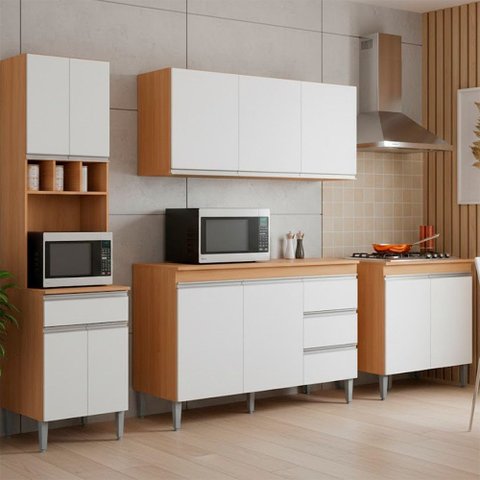 Conjunto Kit Cozinha Completa Balcão Pia sem Tampo Armário Aéreo Balcão Cooktop e Armário Paneleiro
