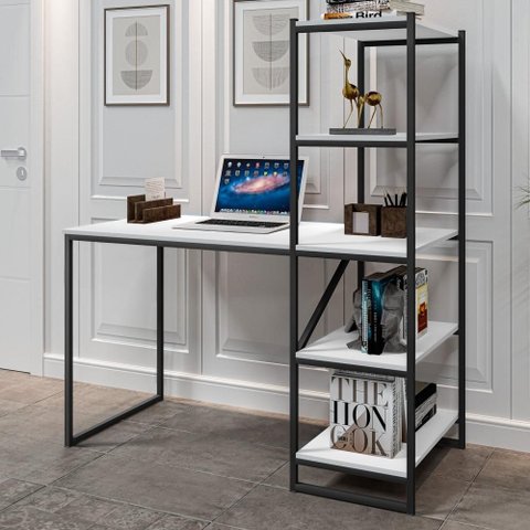 Mesa para Escritório com Prateleira Alela Preto Branco