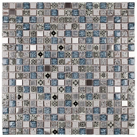 Pastilha de Vidro e Metal de 31cm x 31cm Rende Glass Mosaic Colorido/Cinza/Azul