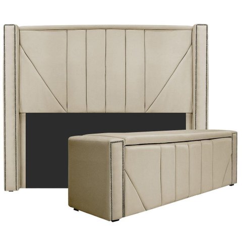 Kit Cabeceira E Calçadeira Baú Casal 140cm Corano Bege