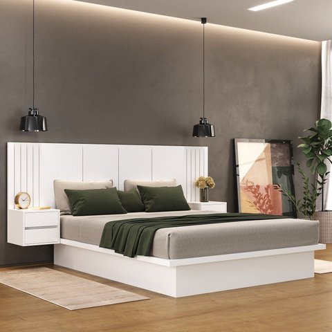 Cama Casal com Cabeceira 2 Mesa de Apoio 4 Gavetas 8281 Yescasa Branco