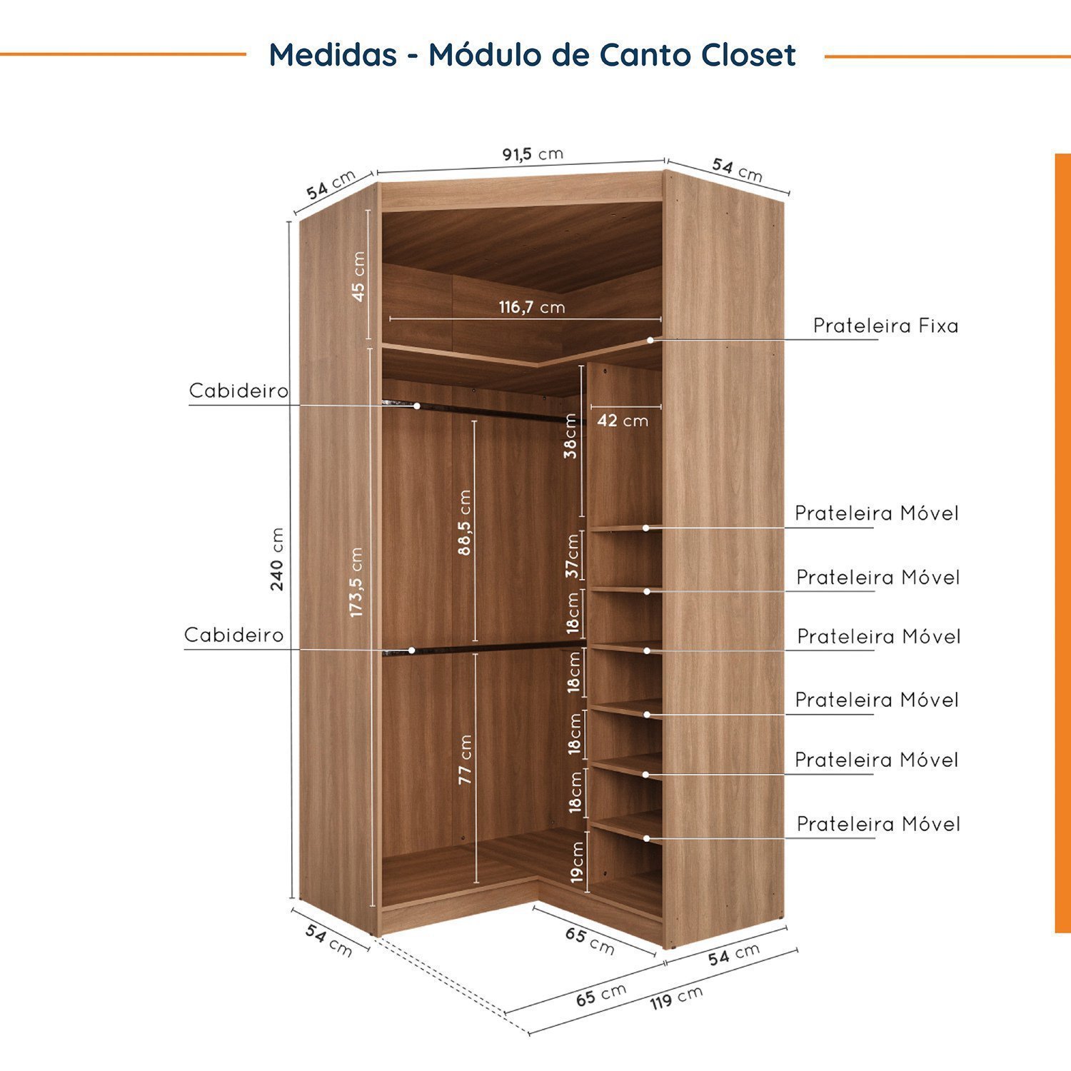 Guarda Roupa Modulado de Canto 10 Portas 5 Peças e 2 Mesas de Cabeceira Hera CabeCasa MadeiraMadeira - 12