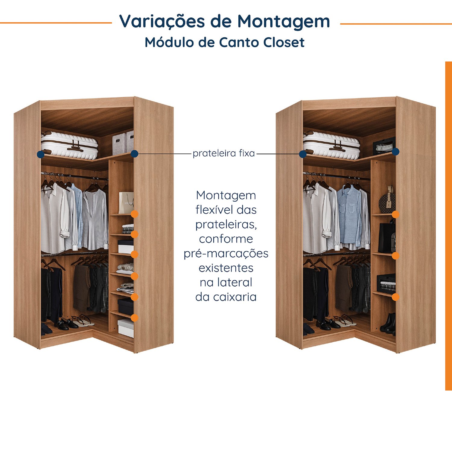 Guarda Roupa Modulado de Canto 10 Portas 5 Peças e 2 Mesas de Cabeceira Hera CabeCasa MadeiraMadeira - 11