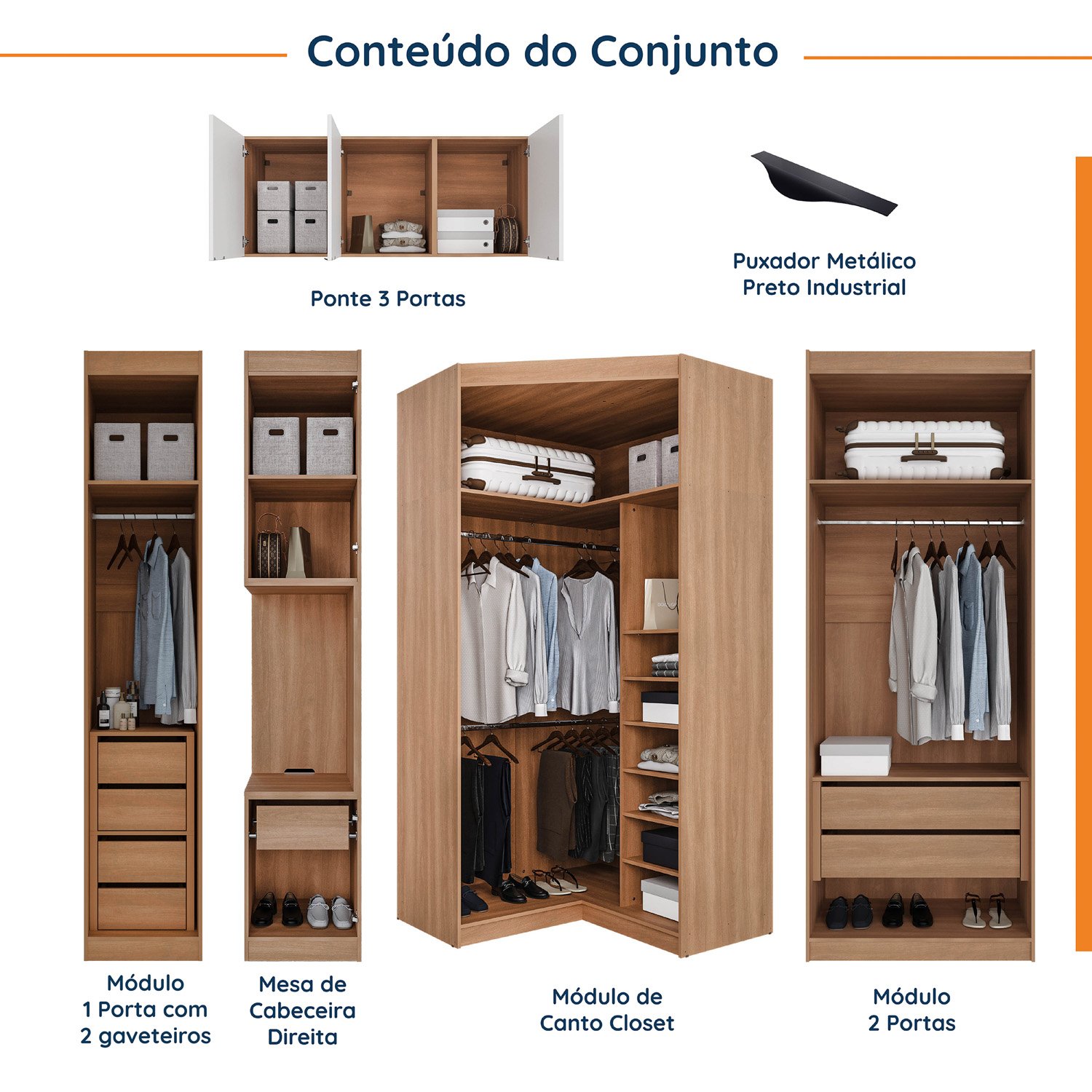 Guarda Roupa Modulado de Canto 10 Portas 5 Peças e 2 Mesas de Cabeceira Hera CabeCasa MadeiraMadeira - 3