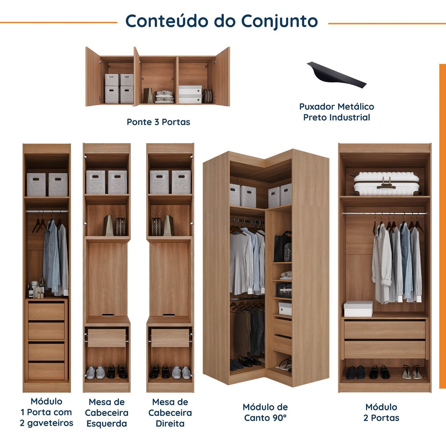 Guarda Roupa Modulado de Casal 12 Portas 6 Peças 2 Mesas de Cabeceira Hera CabeCasa MadeiraMadeira - 3