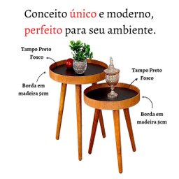 Jogo Mesa Apoio Lateral Canto Sofá Sala Estar Casa Redonda Ambiente Pequena:Tampos Pretos e Pés Made - 5