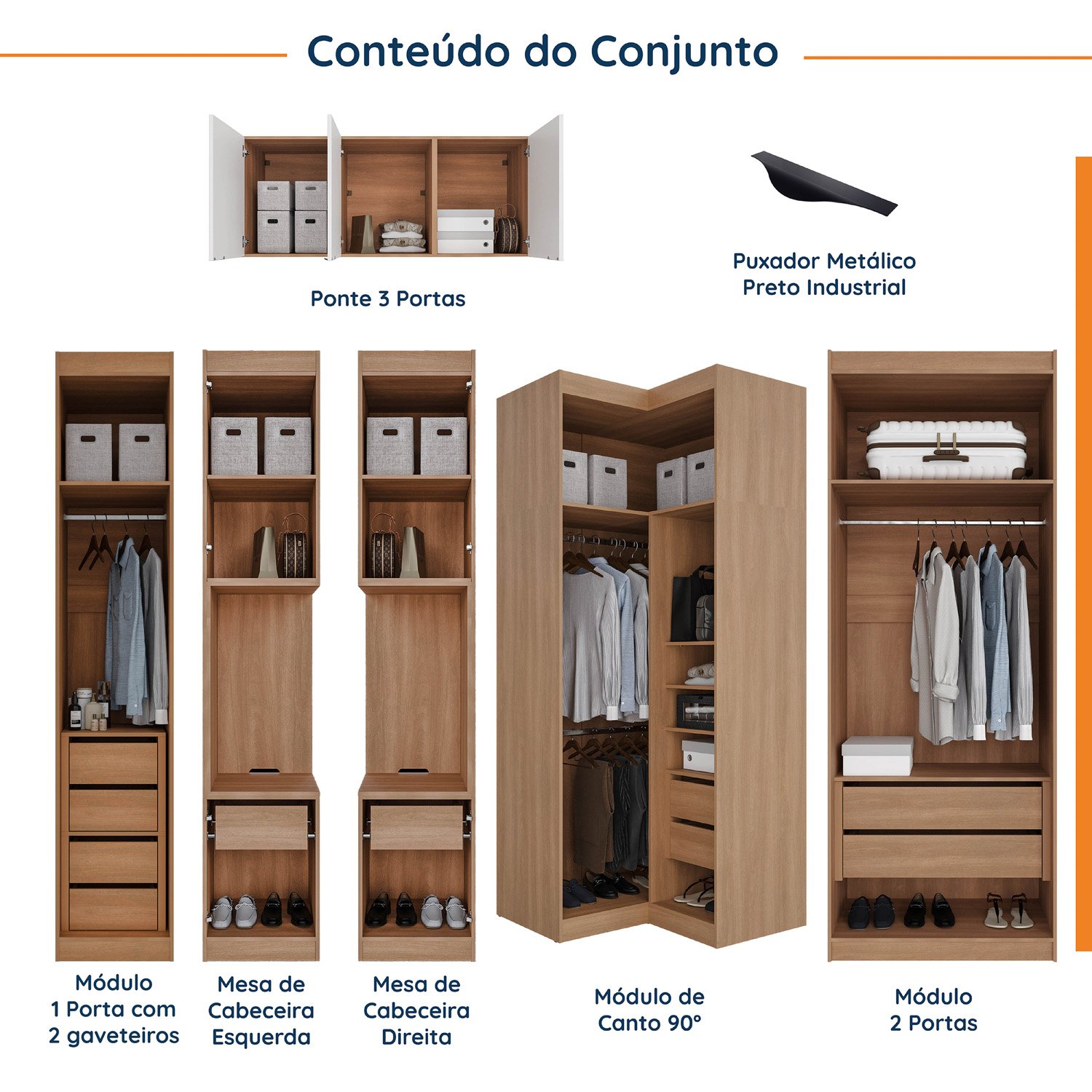 Guarda Roupa Modulado de Casal 12 Portas 6 Peças 2 Mesas de Cabeceira Hera CabeCasa MadeiraMadeira - 3