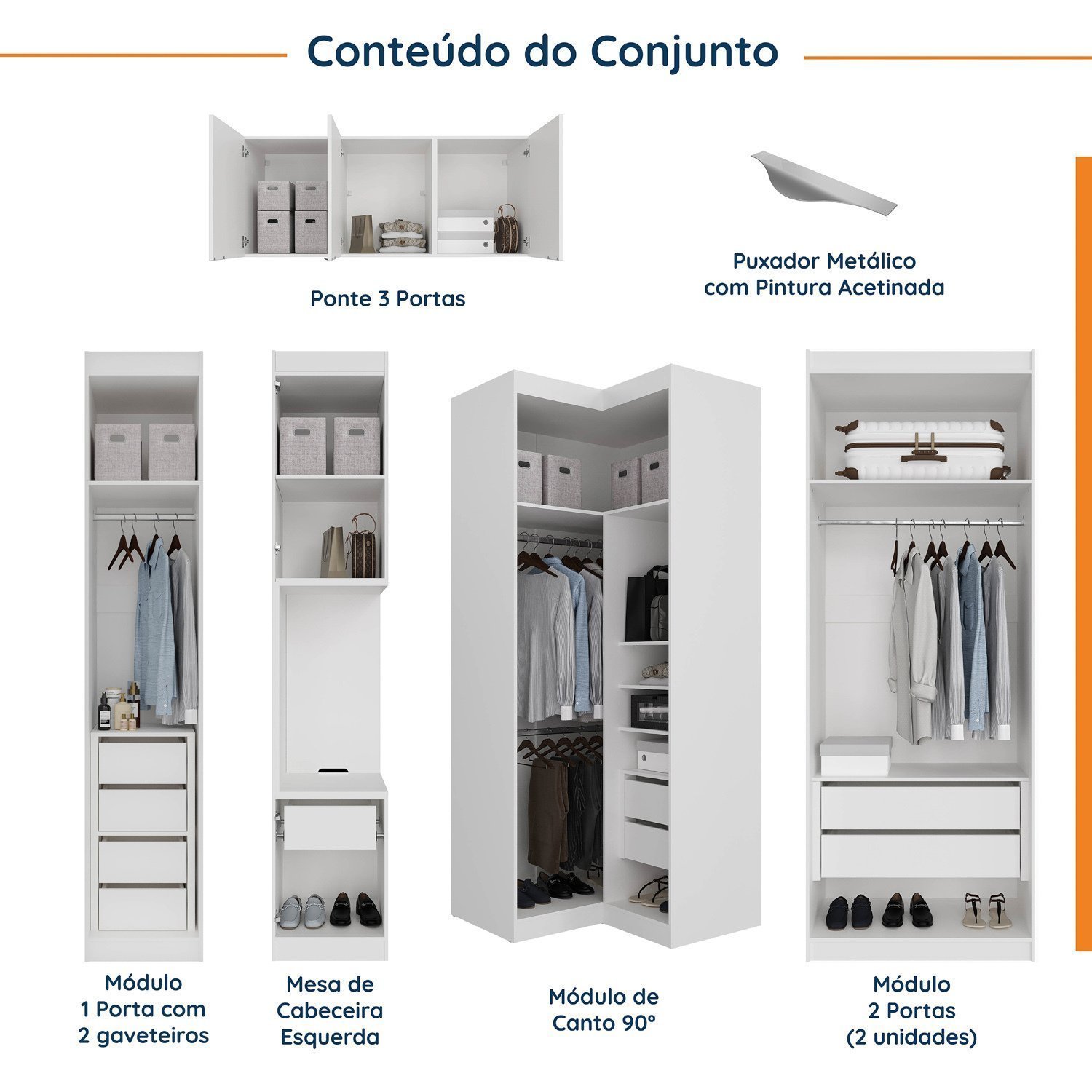 Guarda Roupa Modulado de Canto 12 Portas 6 Peças 1 Mesa de Cabeceira Hera CabeCasa MadeiraMadeira - 3