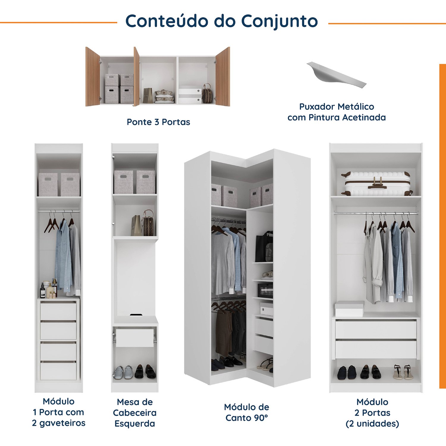 Guarda Roupa Modulado de Canto 12 Portas 6 Peças 1 Mesa de Cabeceira Hera CabeCasa MadeiraMadeira - 3