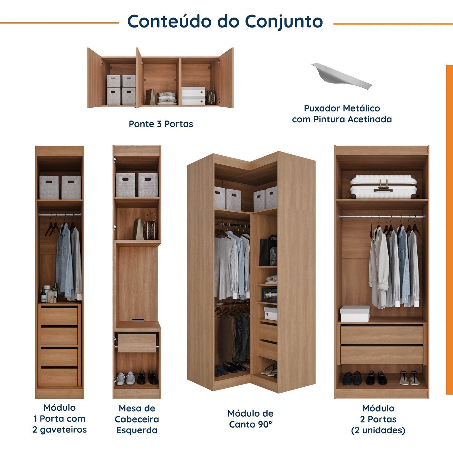 Guarda Roupa Modulado de Canto 12 Portas 6 Peças 1 Mesa de Cabeceira Hera CabeCasa MadeiraMadeira - 3