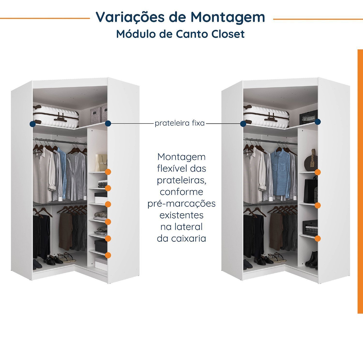 Guarda Roupa Modulado de Canto 10 Portas 5 Peças e 2 Mesas de Cabeceira Hera CabeCasa MadeiraMadeira - 11